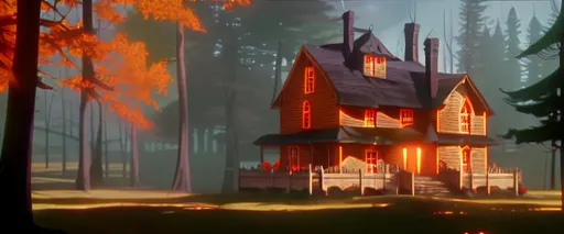 Prompt: Old orange house in autumn forest at noon, DVD Screengrab from Paramount Pictures 2011 film