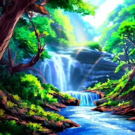 Prompt: an anime chereckter in the front with a beautifull Forest with a waterfall in the background in 1920 x 1080p