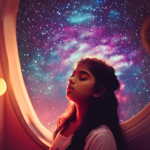 Prompt: Cinematic film still of a south indian girl daydreaming about space and the universe, dreamy lighting, Polaroid photography 