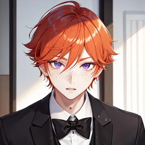 Prompt: Erikku 1male (short ginger hair, freckles, right eye blue left eye purple) wearing black suit at a wedding