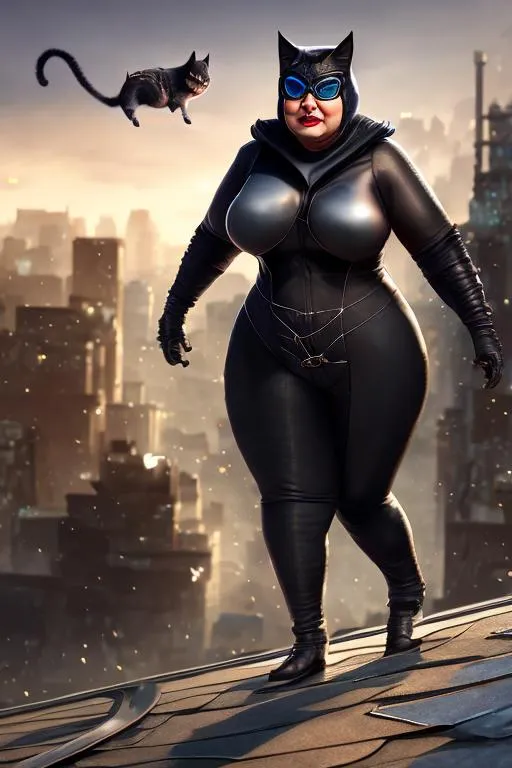 Prompt: old dirty and fat catwoman, walking on the roof, full body, damaged suit, hyper realistic, high fantasy, artstation, detailed, random background, cinematic
