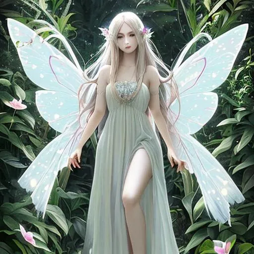 Prompt: Beautiful fairy, long hair, pale eyes, long dress, light speckled wings, plants, elegant