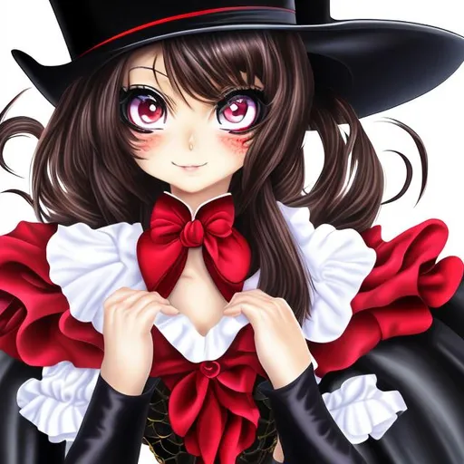 Prompt: anime style, (masterpiece), best quality, expressive eyes, perfect face, full body, 1girl, dark haired nineteen years old girl, dressed as a stage magician, red eyes, long hair, single ponytail, fishnet, thigh high black boots, elbow-length black gloves, wand, top hat with a red gem