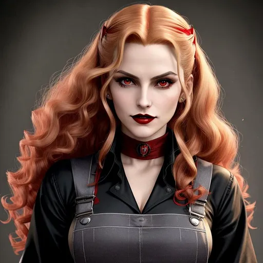 Prompt: Female vampire inspired by Alucard from Hellsing, Clan Gangrel, her fingertips end in claws, 1950's riveter, wearing overalls and work clothes, ({short curly blonde hair} with red highlights), she is wearing a bandana, she is looking down at the viewer, vampire the masquerade, detailed symmetrical face, attractive face, full body picture, vicious grin showing slightly pointy teeth, side eye, cyberpunk night time style background, well lit by street lights, vampire, 