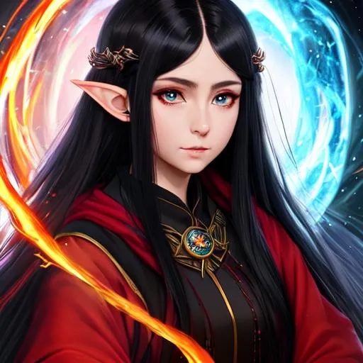 Prompt: "Full body, oil painting, fantasy, anime portrait of a young hobbit woman with flowing ash black hair and dark blue eyes, short elf ears | wearing intricate fiery red wizard robes, #3238, UHD, hd , 8k eyes, detailed face, big anime dreamy eyes, 8k eyes, intricate details, insanely detailed, masterpiece, cinematic lighting, 8k, complementary colors, golden ratio, octane render, volumetric lighting, unreal 5, artwork, concept art, cover, top model, light on hair colorful glamourous hyperdetailed medieval city background, intricate hyperdetailed breathtaking colorful glamorous scenic view landscape, ultra-fine details, hyper-focused, deep colors, dramatic lighting, ambient lighting god rays, flowers, garden | by sakimi chan, artgerm, wlop, pixiv, tumblr, instagram, deviantart