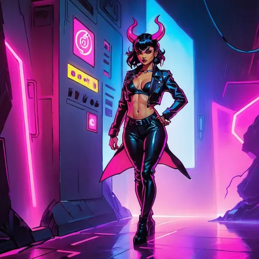 Prompt: a beautiful female demon in a dynamic pose in a retro futuristic synthwave cyberpunk neon paradise.  neon lighting, high quality, beautiful, masterpiece, artistic, synthwave, cyber, retro, futuristic