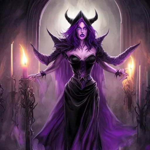 Prompt: sorceress in a short black and purple dress performing a satanic ritual, with beautiful face