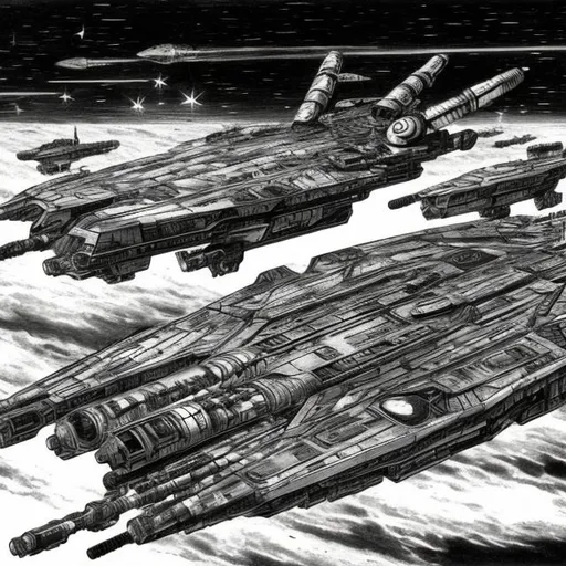 Prompt: Starship fleet, dark, black and white, Manga, space, Junji Ito