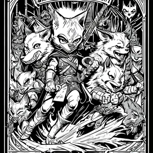 Prompt: comic book, detailed, dungeons and dragons, fantasy, poster, poster art, action, line weight, bold, black and white, anthropomorphic animals, stylized, whimsical, improvised, group, multiple, movie poster, cartoonish, cartoon, cute, white outline
