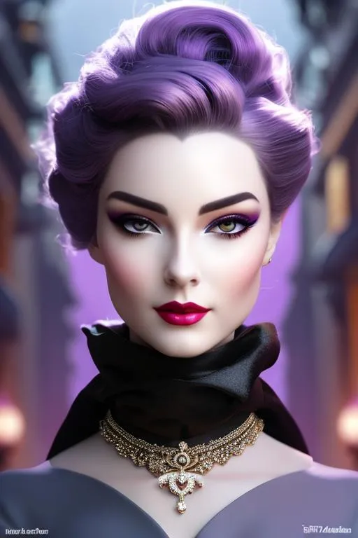 Prompt: head-on, bust, surreal cartoon,Stunning, glossy portrait of a stunning woman with lavender gray hair pulled back into a bun, she is dressed like a cross between an Elizabethan princess and a high fashionista, metallic black fabric fabric, dramatic jewelry, dramatic necklace with a tiny dagger that looks real, background is architecture lit by the moon,  trending on artstation