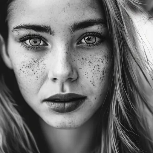 Prompt: Womans face in black and white portrait but her eyes in color close up shot