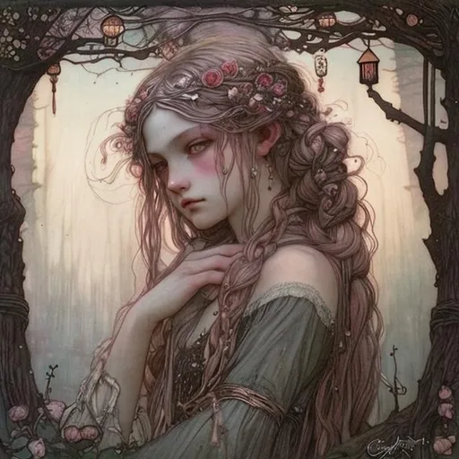 Prompt: Portrait Druid witch girl with rose gold pinkish hair and delicate pretty detailed face in a dark and mysterious tree with Hanging lanterns by John Bauer and John William Waterhouse high contrast colorful storybook illustrations braids in hair moon in sky