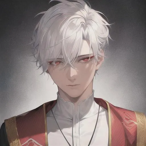 Prompt: "A close-up photo of a handsome boy, short white hair, red eyes, wearing kings robe, in hyperrealistic detail, with a slight hint of loneliness in his eyes. His face is the center of attention, with a sense of allure and mystery that draws the viewer in, but his eyes are also slightly downcast, as if a sense of loneliness is lingering in his thoughts. The detailing of his face is stunning, with every pore, freckle, and line rendered in vivid detail, but the image also captures the subtle emotions of loneliness that might lie beneath his surface."