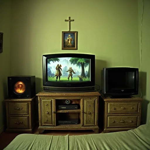 Prompt: A old TV playing the fantasy game sacred 2 on Xbox 360 in a small bedroom