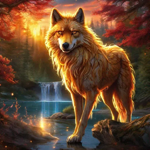 Prompt: Insanely beautiful (canine quadruped) that is glowing, thick golden mane, on two legs, translucent, luminescent, illusion, glistening fiery mane, glows like the sun, flaming red eyes, majestic wolf face, energetic fox, in a magical forest near a lake, sunrise, beneath the stars, crystal lake, waterfall, bioluminescent, highres, best quality, concept art, epic digital art, intricately detailed, cinematic, 8k eyes, highly detailed eyes, highly detailed, 64k, vibrant, UHD, professional