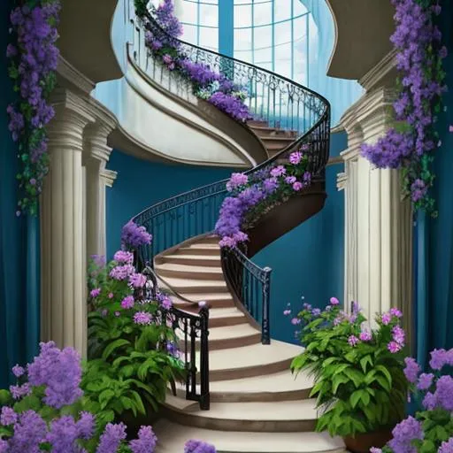 Prompt: stairway to the sky with beautiful purple flowers-Beautiful creation
