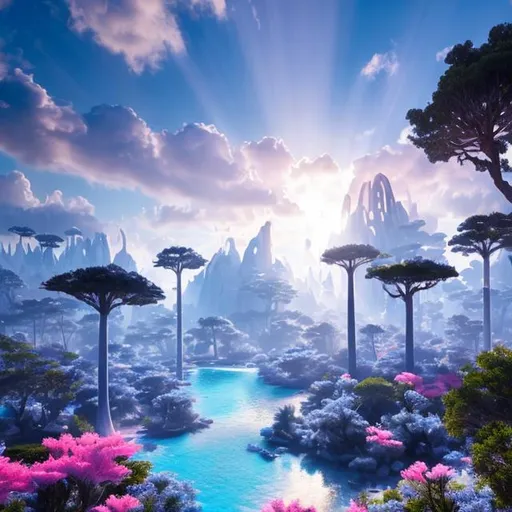 Prompt: view of monumental alien city in the middle of jungles of strange light (blue trees) and blue ,pink,white and blue flowers ,blue cian grass, surreal and unique prehistoric white araucaria,volumetric light, organic forms ,clear image,lights,photorealistic,hyper realistic,ultra detailed, concept art, octane render,cloudy sky, sun rays,sunlight,Ç((planet in sky)),(perfect sphere planet), wide angle lens, (mint color),8k,cinematic