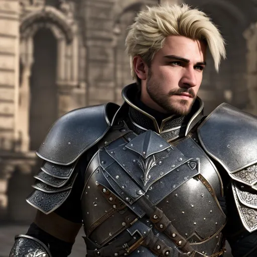 Prompt: D&d Human male marrior, short blonde hair, leather armor, village, highly detailed, professional, render, Sharp focus, HD, UHD, HDR, hyperrealistic 