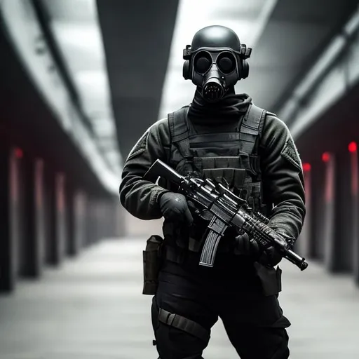 Prompt: modern soldier wearing all black, gasmask, red night vison and holding a gun