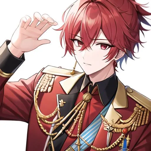 Prompt: Zerif male (Red half-shaved hair covering his right eye) 4k, wearing a royal uniform