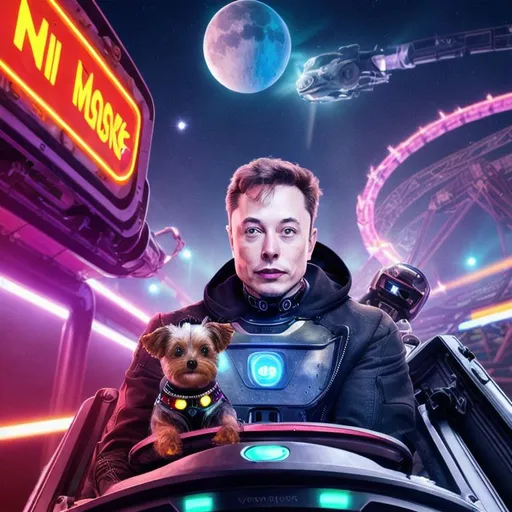 Prompt: image of cyborg Elon Musk with robot yorkie terrier on roller coaster, aliens and moon, beams of neon rays, ai render, smoke, water and ice, black mirror, time lapse