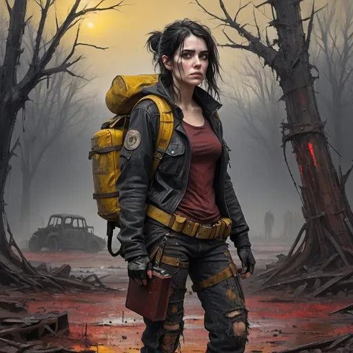 Prompt: Full-length drawing of a dark-haired 25-year-old woman in post-apocalyptic clothing, with a backpack over her shoulders and a holster on her belt. 
Background - post-apocalyptic wasteland, sparse trees with twisted trunks and yellow foliage, mangled old and rusted metal barrels. night, rain, 
sky casting red light, eerie atmosphere. style: oil painting.