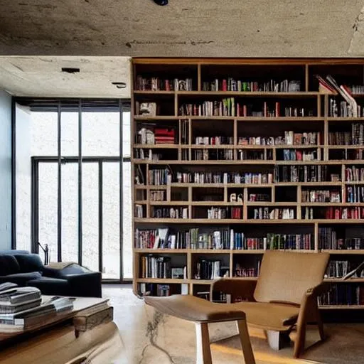 Prompt: a brutalist architecture home Library with lots of natural light 