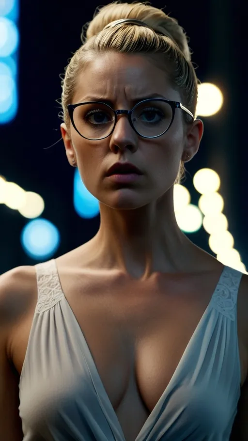 Prompt: A thirty-five-year-old woman with blonde hair tied in a bun, thin rimmed spectacles, white blouse, detailed clothing, realistic, strong shadows, nighttime, industrial background