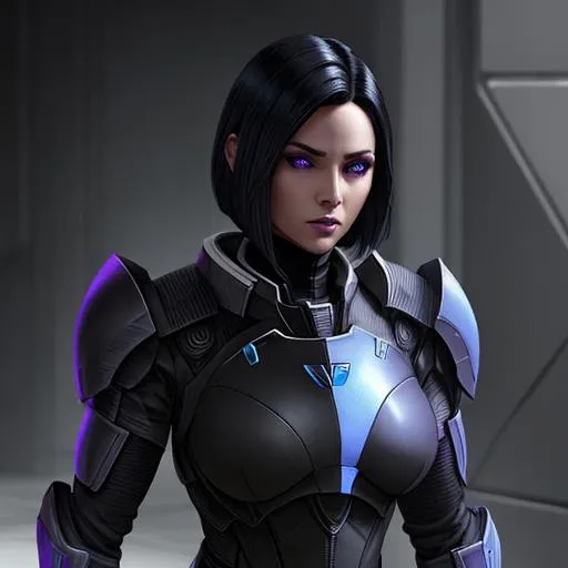 Prompt: A woman with {black} hair with {purple} eyes and wearing {black and blue} armor {Mass effect vibe} 