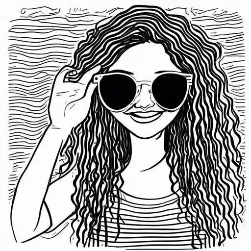 Prompt: creative doodle black and white thin lines girl with long curly hair holding a pair of black sunglasses with one hand in front of her face. she is smiling. show arm and hand holding the sunglasses