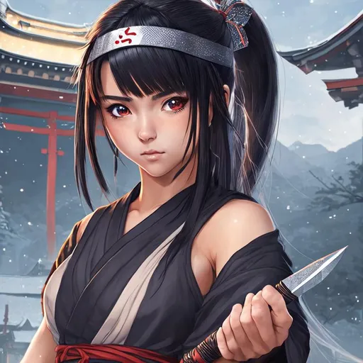 Prompt: 18 years old beauty, girl, shinobi with kunai, shrine in the background, big sparkly eyes, digital illustration, very detailed, soft light, high resolution, 64k