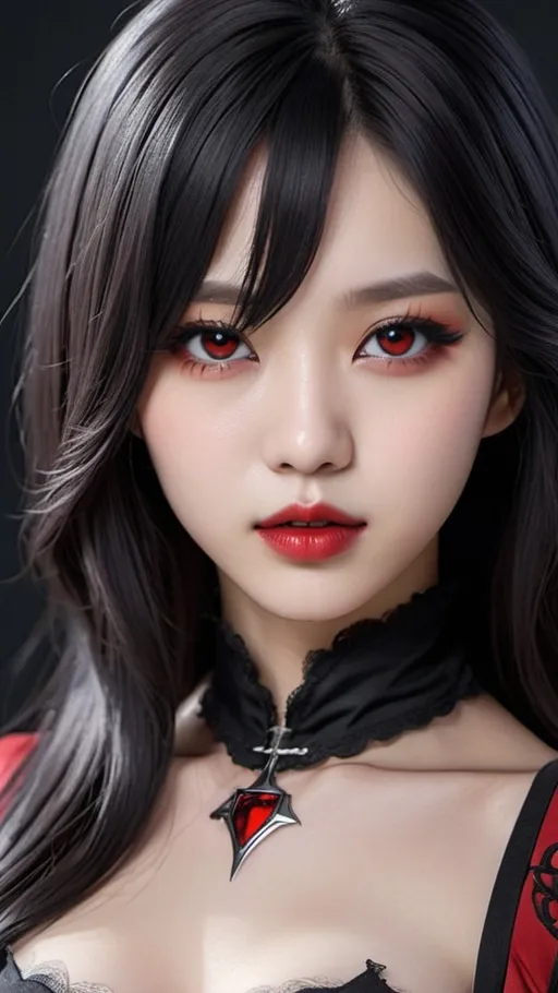 Prompt: face close-up of a vampire korean kpop girl idol with red eyes, red lips, shoulder-length dark black hair with red highlights, i can't believe how beautiful this is, cosplaygirl, in the style of light silver and dark black, feminine body, cg style