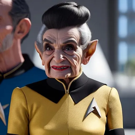 Prompt: Sophia Patrillo as a sassy, diminutive, elderly Vulcan, with pointy ears, in a Starfleet uniform.