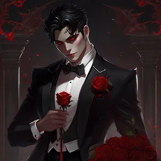 Prompt: Damien  (male, short black hair, red eyes) demon form, wearing a tuxedo, standing at the altar, biting his lip seductively, holding out a rose, wearing a crown, holding a knife
