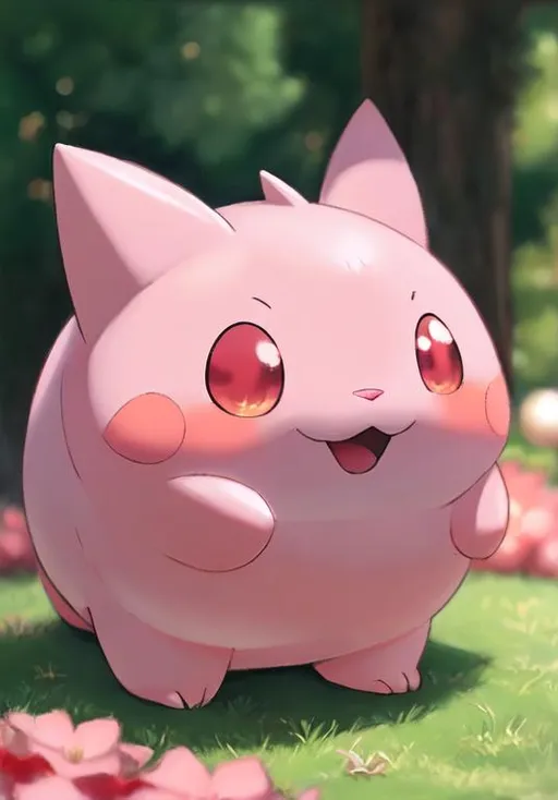 Prompt: UHD, , 8k,  oil painting, Anime,  Very detailed, zoomed out view of character, HD, High Quality, Anime, , Pokemon, Clefairy is a bipedal, pink Pokémon with a chubby, vaguely star-shaped body. A small, pointed tooth protrudes from the upper left corner of its mouth. It has wrinkles beside its black, oval eyes, a single dark pink oval marking on each cheek, and large, pointed ears with brown tips. A tuft of fur curls over its forehead, much like its large, upward-curling tail. Each stocky arm has two small claws and a thumb on each hand and both feet have a single toenail. There is a pair of tiny, butterfly-shaped wings on its back. Though incapable of flight, Clefairy's wings can store moonlight and allow it to float.

Clefairy is very shy and rarely shows itself to humans. On the rare occasions it does come down from its mountain home, it can be seen dancing under the light of the full moon. The area surrounding their dance in enveloped in a magnetic field. Once the sun starts to rise, it returns home where it sleeps nestled with other Clefairy.
Pokémon by Frank Frazetta