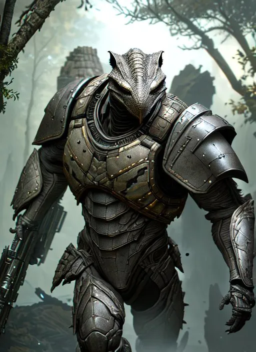 Prompt: perrealistic mixed media image of a argonian black elder scrolls,  wearing basic futurist armor, with minigun, with rustic camouflage details, stunning 3 d render inspired art by greg rutkowski and xiang duan and thomas eakes, perfect facial symmetry, flesh texture, realistic, highly detailed attributes and atmosphere, dim volumetric cinematic lighting, 8 k octane detailed render, post - processing, masterpiece,