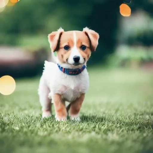Prompt: a cute dog in a yard, bokeh