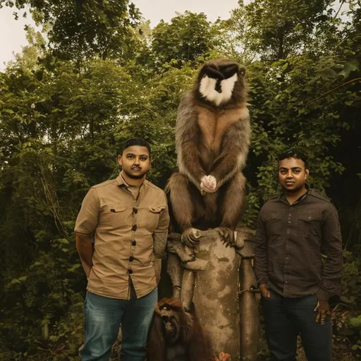 Prompt: two adult males standing behind a monkey for a family portrait. treat the monkey as a child of one of the two adults