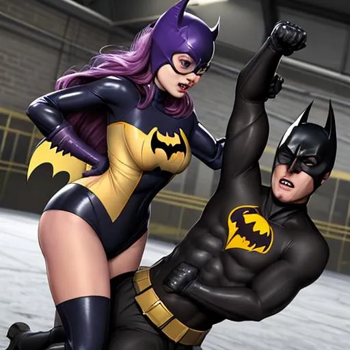 Prompt: Batgirl beating up Allan Moor , skin tight , shinny 