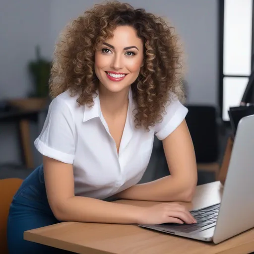 Prompt: An attractive 35 year old woman with very curly hair, elegant, large eyes, modern, stylish makeup, full body view, white tshirt and blue jeans, happy, smiling, (erotic), posing, computer table, studio background