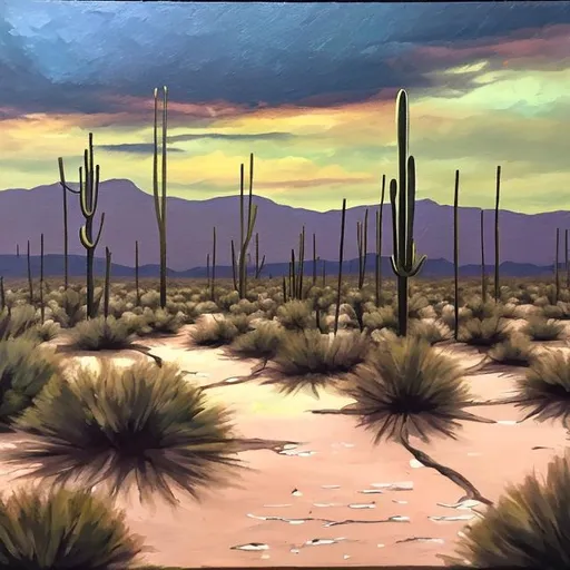 Prompt: Rainy afternoon on a desert oasis in acrylic