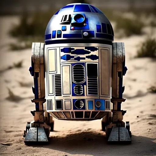 Prompt: vibrant color picture of R2D2, weathered from battle 