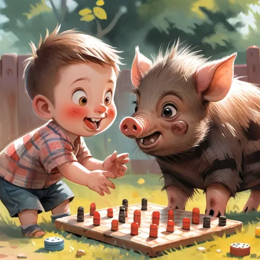 Prompt: We see a dirty, angry wild boar piglet playing checkers against a smiling 3 year old boy in a suburban backyard