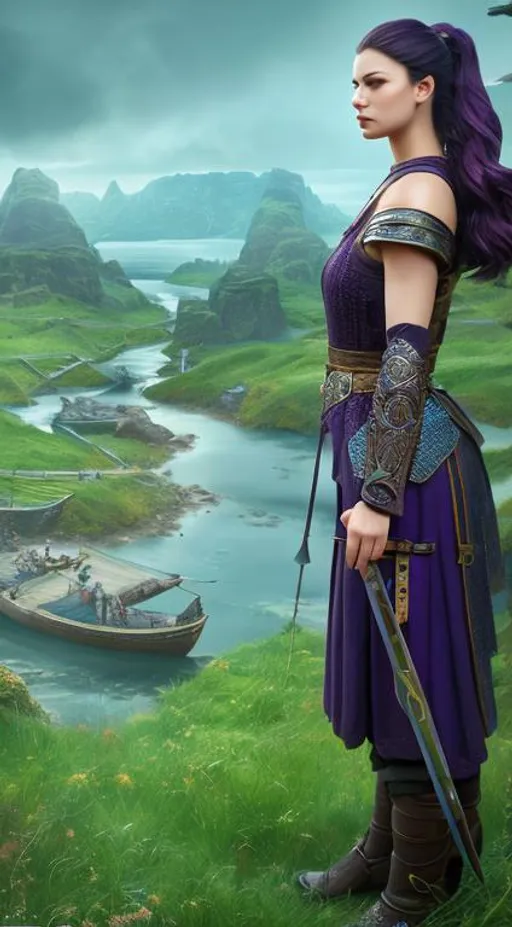 Prompt: she has dark purple hair, create most beautiful fictional female viking warrior, dark purple hair, light blue eyes, extremely detailed environment, detailed background, intricate, detailed skin, professionally color graded, photorealism, 8k, moody lighting