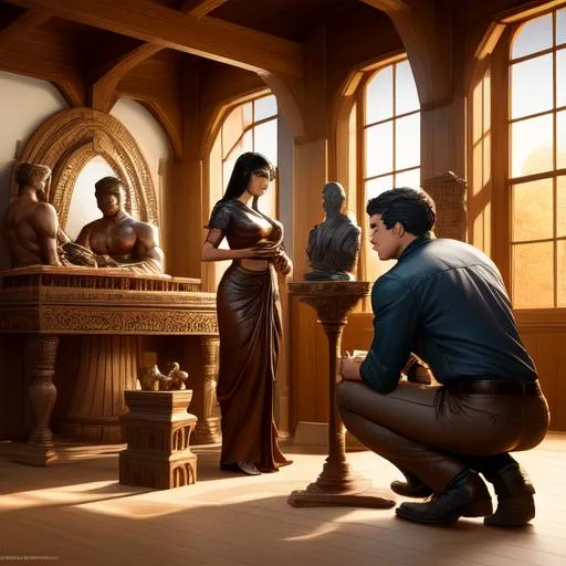 Prompt: hyper-realistic digital artwork featuring three men sculpting and carving a very big wooden kneeling statue of a gorgeous female in a workshop. The scene should be hyper-cinematic, with a majestic and epic feel, and should be rendered in 16k with symmetrical features and hyper-realistic details. The style should be in the vein of Fabian Perez and Tom Bagshaw, with a comic book feel. The woman should have voluminous hair and large symmetrical mammaries, with perfect facial features and intricate details. The scene should be bathed in cinematic lighting, and the matte painting in the background should be very detailed with deep colors and complementary colors. The overall effect should be fantastical, with intricate detail and a splash screen feel. The artwork should be in 8k resolution and should be trending on Artstation and Unreal Engine 5. The digital art should use gouache 3D shading, 3Delight, 3DEXCITE, 3ds Max, AppGameKit, CGSociety, Cinema 4D, CryEngine, Horde3D, IMAX, LightWave 3D, Mandelbulber3d, Unity 3D, and Unreal Engine 5, with volumetric lighting and VRay. The art should be created by Herb Ritts and should use ray tracing render and 5D VR technology.