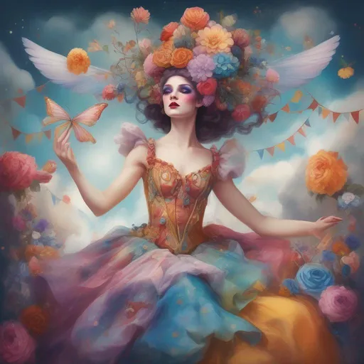 Prompt: A colourful and beautiful Persephone as a elegant acrobat with clouds for hair, with iridencent fairy wings, wearing a ballgown made of flowers in the crazy circus, surrounded by circus decor and gems in a painted style