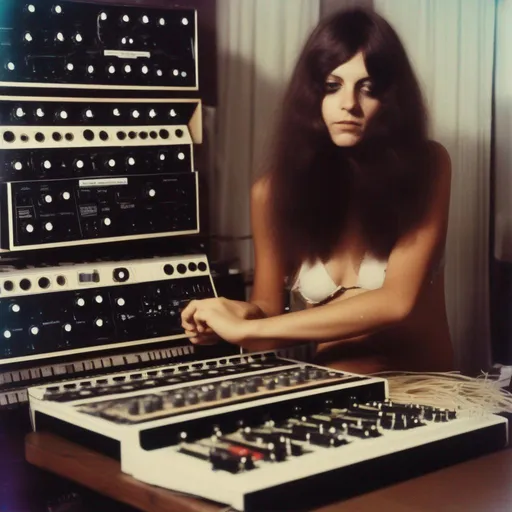 Prompt: girl in bikini standing in front of Moog modular synth and Mellotron pile blowing out birthday cake candles 1973 Polaroid quality
