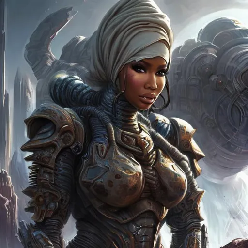 Prompt: nicki minaj, beautiful face, detailed face, hijab, curvy figure, scifi armor, doom eternal armor, tan armor, desert