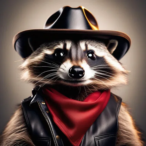 Prompt: photo realistic portrait of a overjoyed raccoon with black cowboy hat and bandana around neck, giving finger gun, centered in frame, facing camera, symmetrical face, ideal human, 85mm lens,f8, photography, ultra details, natural light, light background, photo, Studio lighting