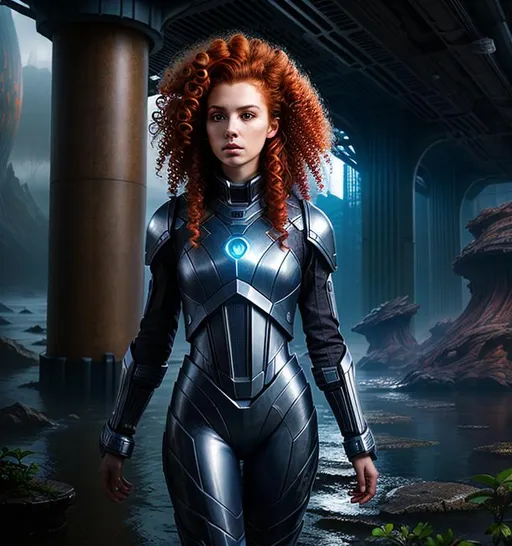 Prompt: splash art, hyper detailed, hyper realistic, highly detailed, dark, surreal heavy mist, floating at the edge of the Universe, on a dystopian alien planet, professional-quality photography, natural lighting,

create a computer generated exquisite, red curly hair, beautiful, slender, ultra realistic young adult Caucasian hologram of a female Time Lord. Wearing highly detailed obsidian and gold armor, and a heavy iron collar, 

Gorgeous detailed facial features, long legs, vibrant sumptuous, perfect body, ultra pale, visible midriff, 

Perfect studio lighting, perfect shading. HDR, UHD, high res, 64k, cinematic lighting, special effects, hd octane render, professional photograph, trending on artstation.